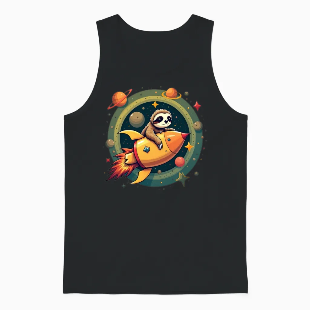 Adorable Sloth on Rocket Space Adventure Unisex Tank Top in Black