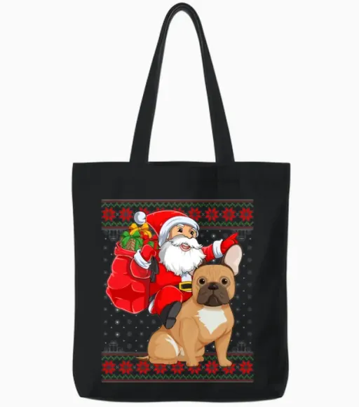 Santa Riding French Bulldog Christmas Dog Tote Bags - Black