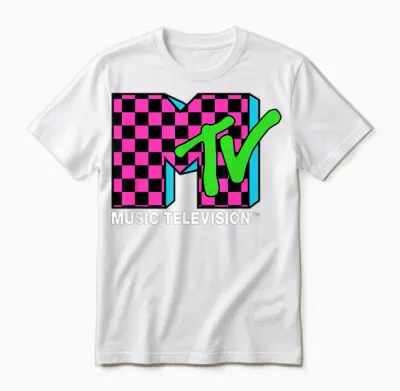Classic Mtv Logo Pink and Blue Check Unisex T-Shirt - White