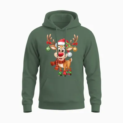 Christmas T-Shirt Reindeer Rudolph Funny Gift T-Shirt, Black Unisex Hoodie - Military Green