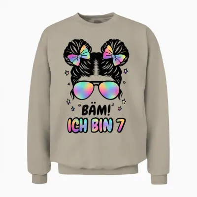 7. Geburtstag Mädchen Messy Bun Bäm! Ich Bin Sieben Unisex Sweatshirt - Sand