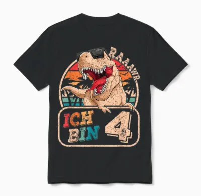 Ich Bin 4 Dinosaur 4 Years Dino 4th Birthday Boy Party T-Shirt, Black Unisex T-Shirt - Black