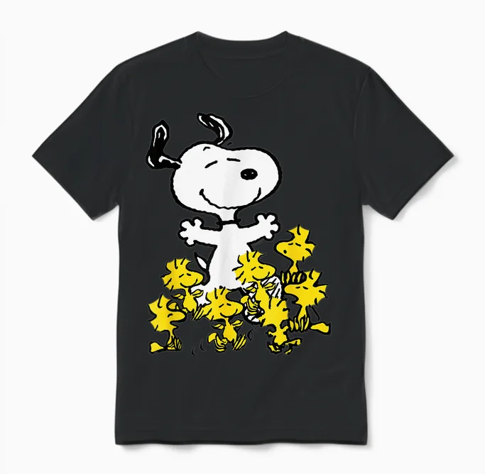 Peanuts Snoopy Chick Party Crew Neck T-Shirt - Classic Fit, Adult, Black Unisex T-Shirt in Black