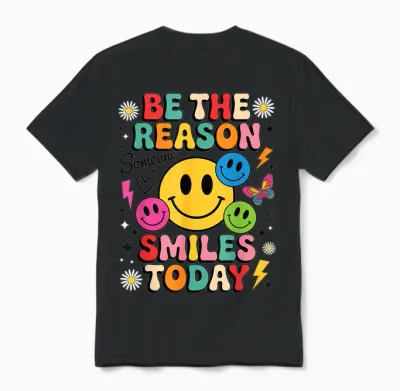 Sei Der Grund, Warum Heute Jemand Smiles, Colourful Cheerful Retro Face Unisex T-Shirt - Black
