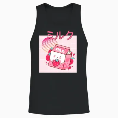 Retro 90s Japanese Kawaii Strawberry Milk Shake Unisex Tank Top - Black