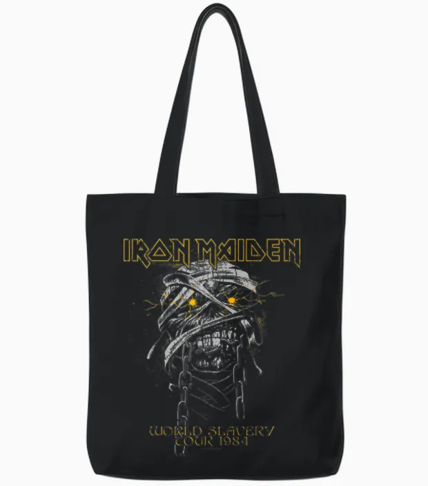 Iron Maiden Powerslave Head Mummy Brown Tote Bags in Black