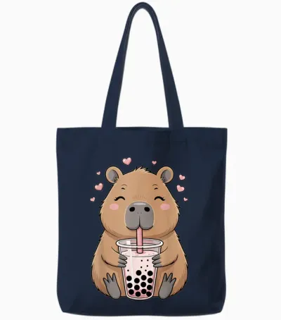 Lovely Bubble Tea Capybara for Girls, Kawaii Tote Bags - Navy