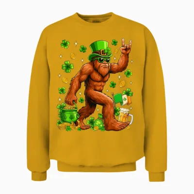 St Patricks Day Bigfoot Sasquatch Shamrock Men Women Unisex Sweatshirt - Gold