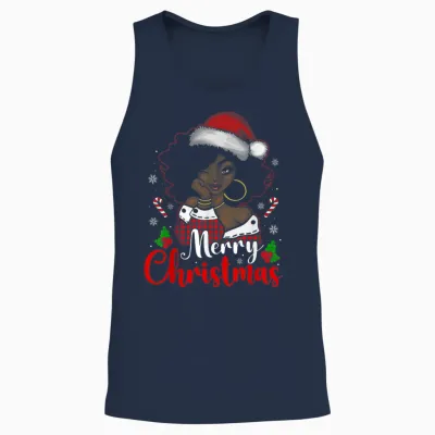 Merry Christmas Black African Girl Santa Hat Xmas Pajamas Unisex Tank Top - Navy