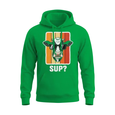 Cow in Shades on Retro Stripes Unisex Hoodie - Irish Green