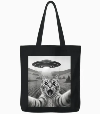 Cat Selfie with Alien Ufo Funny Gift Men Women Tote Bags - Black