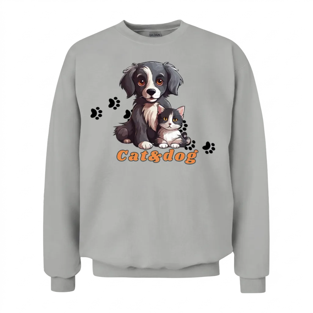 Cute Gray Cat and Dog Wit Each Other Unisex Sweatshirt - Ash
