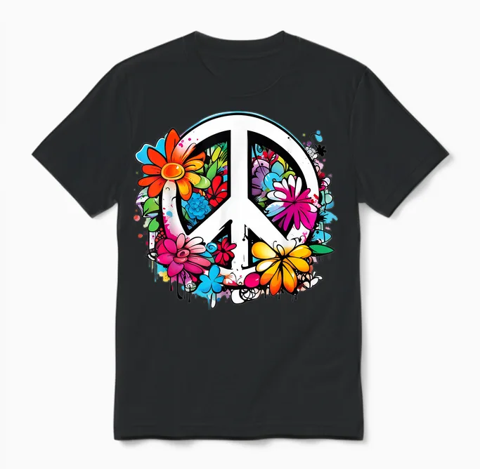 Peace Sign Flower Power Love, Peace Flowers 60s 70s T-Shirt, White, S Unisex T-Shirt in Black