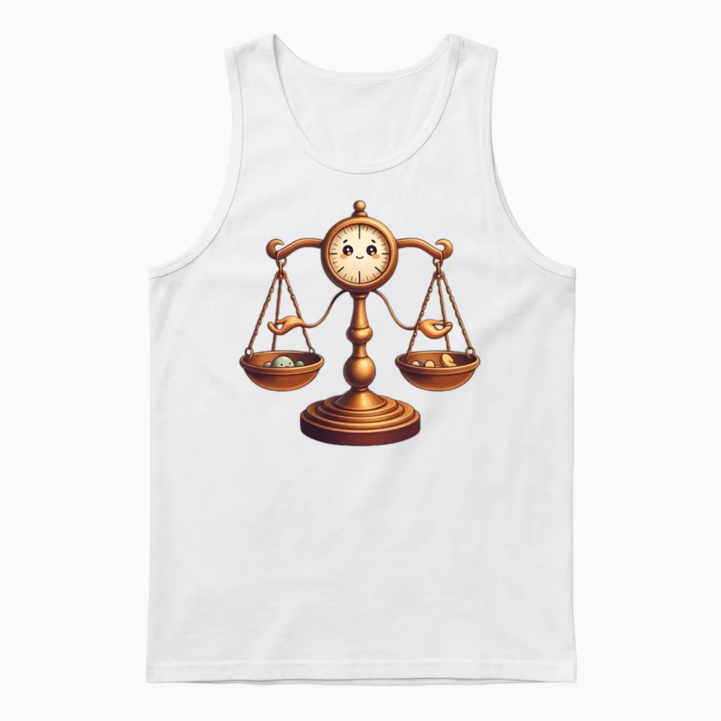 Vintage Balance Scale Illustration with Clock Face Unisex Tank Top in White