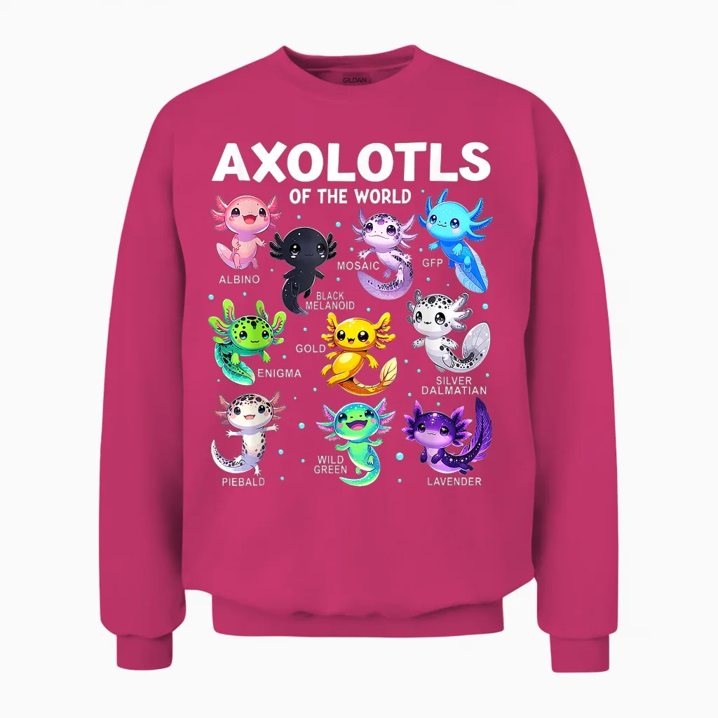 Kawaii Axolotls of the World Graphic Tees Axolotl Animals Unisex Sweatshirt in Heliconia