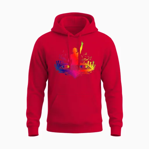 Colorful Dj with Turntables and Beats Unisex Hoodie in Red