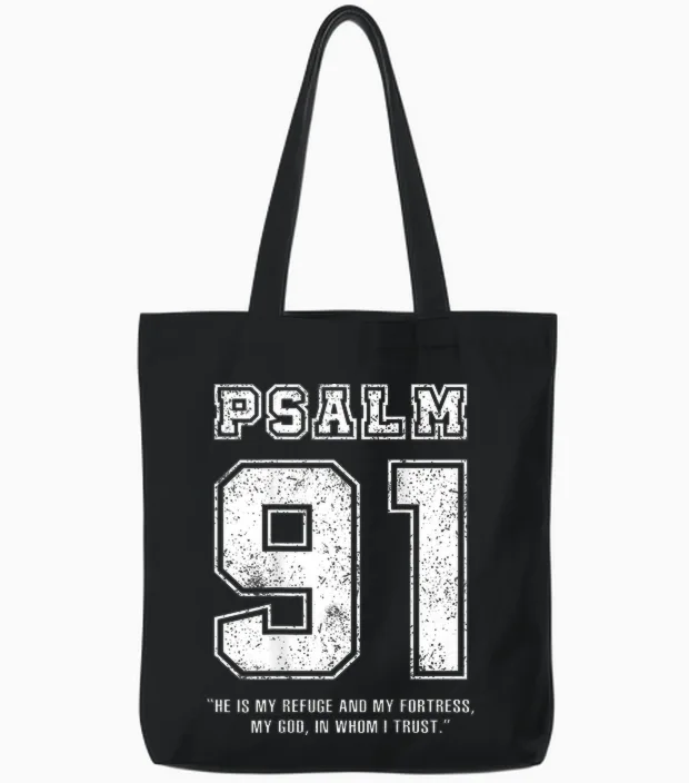 Psalm 91 Jersey Look Bible Verse (back Print Only) Christian T-Shirt, Black Tote Bags in Black