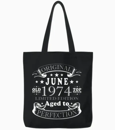 June 1974 Vintage Birthday Present Tote Bags - Black