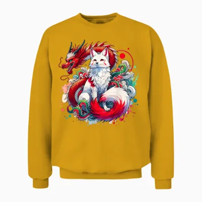 Dragon Kitsune Japanese Fox Nine-Tailed T-Shirt, Black, S Unisex Sweatshirt - Gold