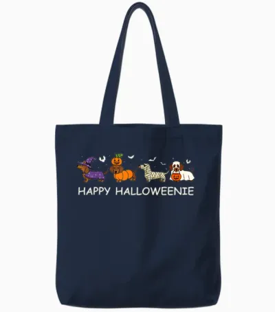Weiner Dog Witch Happy Halloweenie Cute Halloween Dachshund Tote Bags - Navy