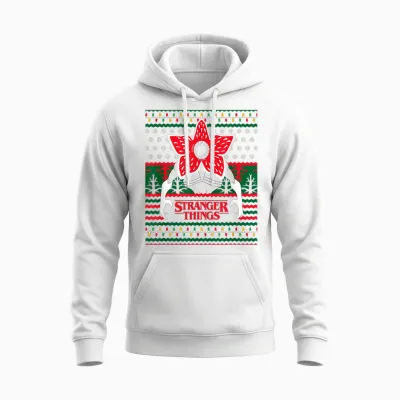 Stranger Things Christmas Epic Demogorgon Ugly Sweater Logo Unisex Hoodie - White