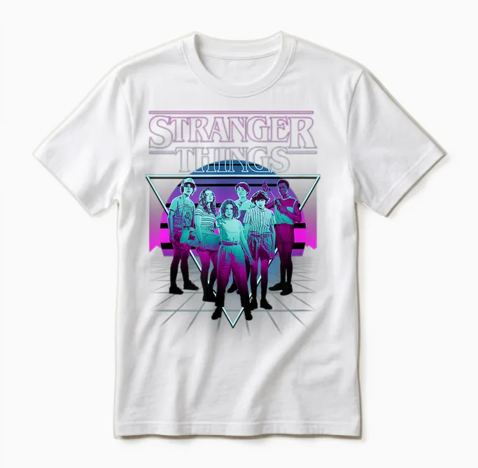 Stranger Things Group Shot Neon Triangle Unisex T-Shirt in White