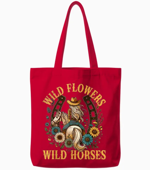 Retro Southern Sunset Cowgirl Wild Flowers - Wild Horses Tote Bags in Red