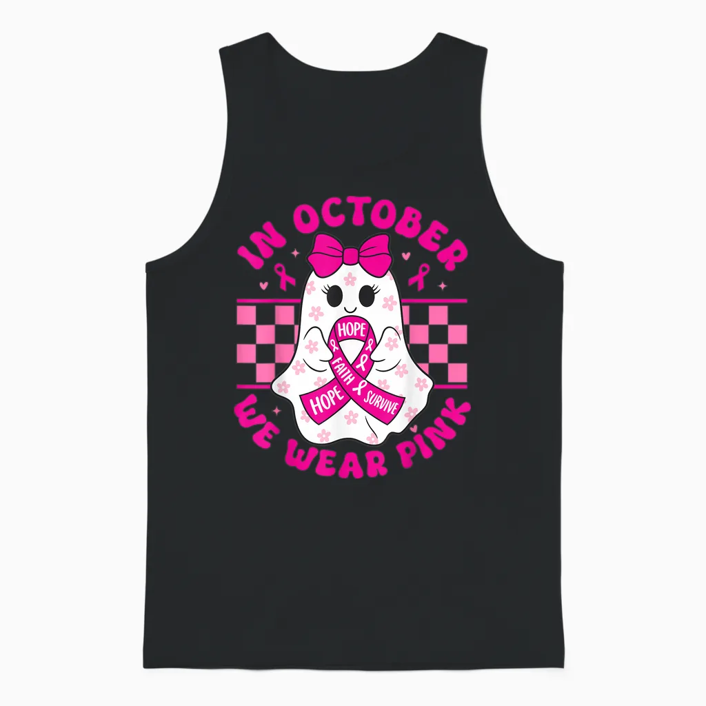 Spooky Halloween Ghost Pink Breast Cancer Awareness 2025 Unisex Tank Top in Black
