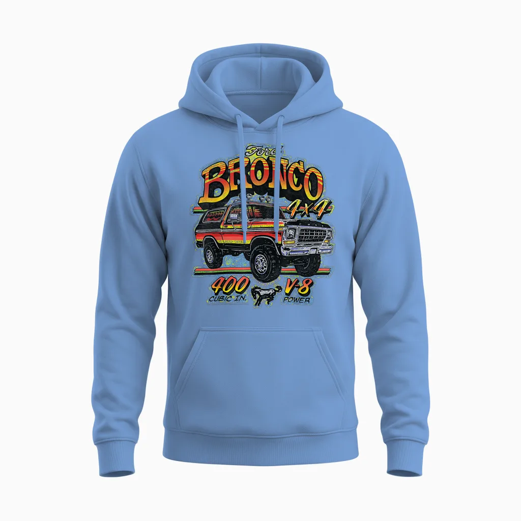 Ford Bronco 4x4 V-8 Power 400 Kubikzoll Mit Pony-Logo Unisex Hoodie in Carolina Blue