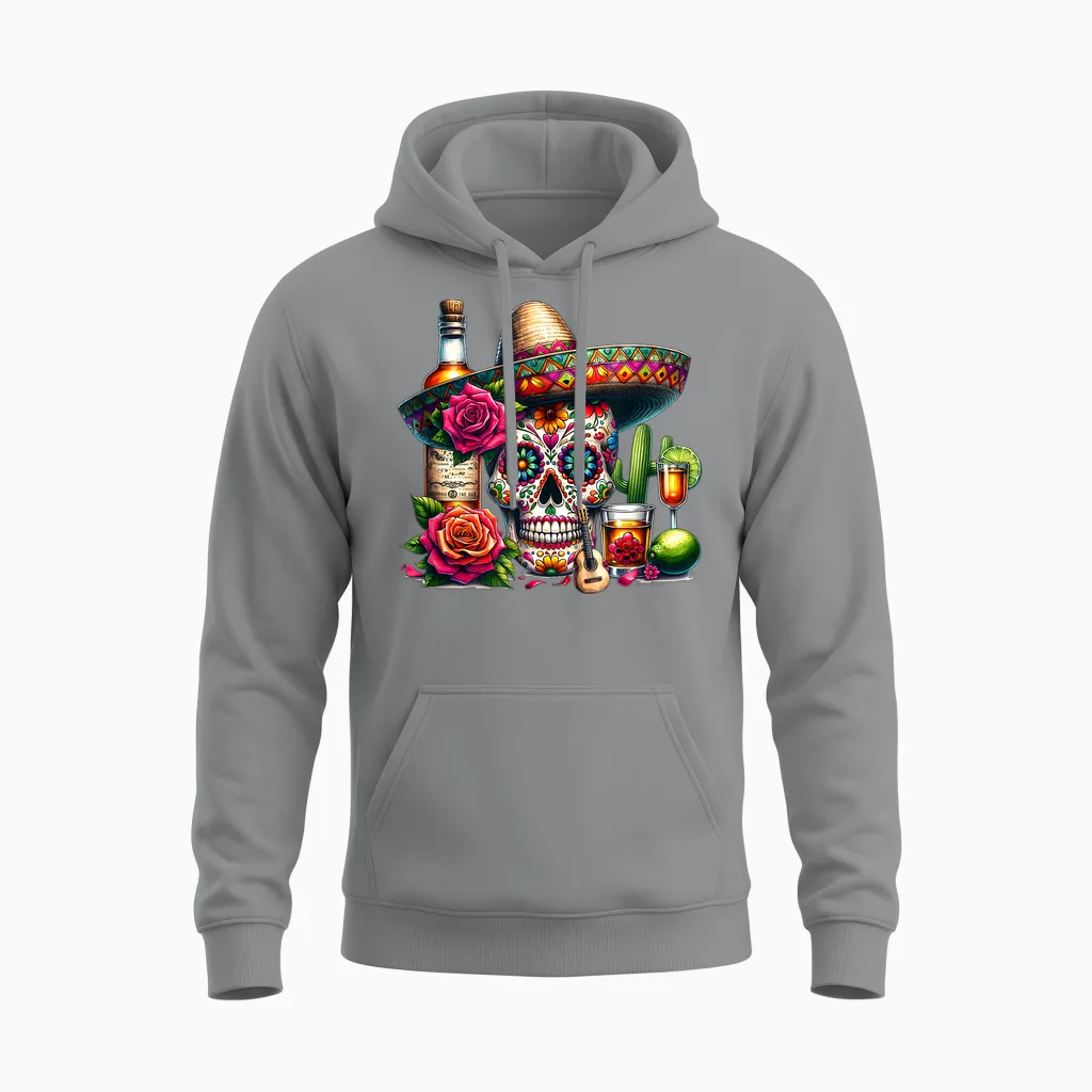Mexican Skull Hat Tequila Guitar Cinco De Mayo Unisex Hoodie in Sport Grey