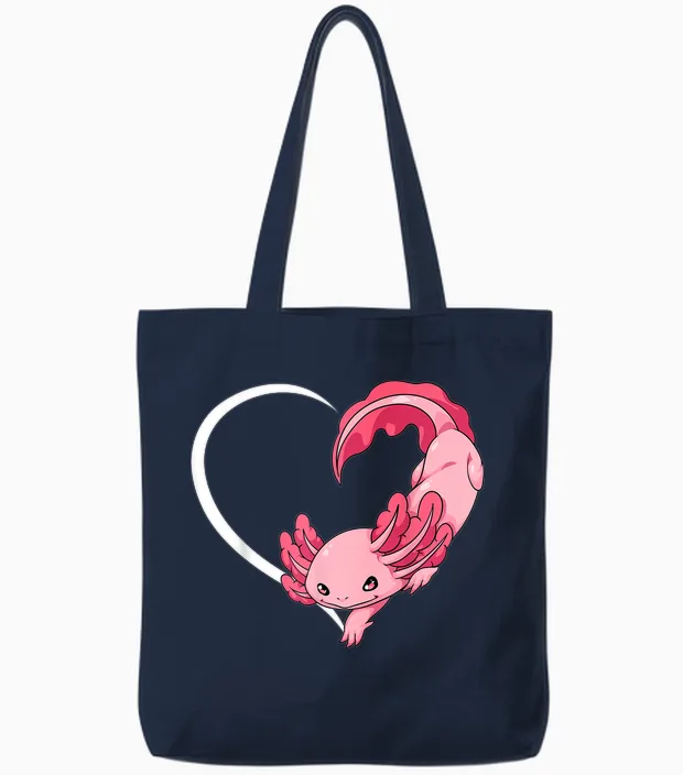 Axolotl T-Shirts for Women Girls Children Axolotl T-Shirt Heart T-Shirt, Black Tote Bags in Navy