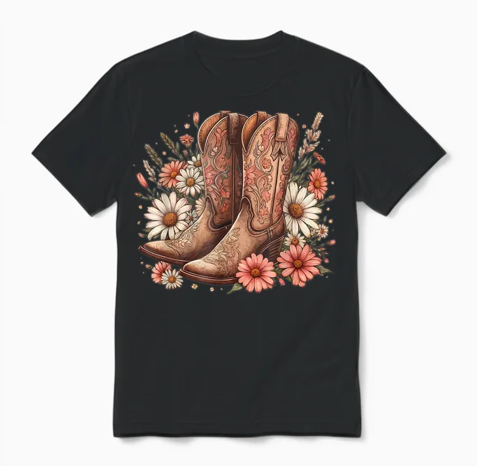 Cowgirl Boots Retro Western Country Concert Pink Boots Girl T-Shirt, Black, S Unisex T-Shirt in Black