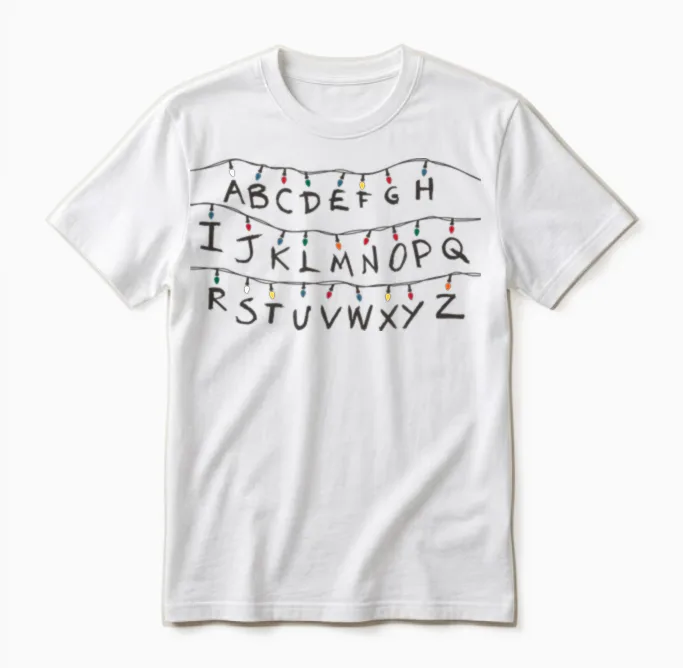 Stranger Things Alphabet T-Shirt, White, S Unisex T-Shirt in White