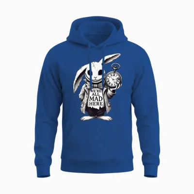 Alice in Wonderland - We're All Mad Here Rabbit Hatter Quote Unisex Hoodie - Royal