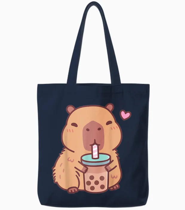 Cute Capybara Kawaii Anime Drinking Bubble Tea Lover Girls Tote Bags in Navy