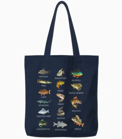 Types of Freshwater Fish Species Fishing Fisherman Anglers Tote Bags - Navy