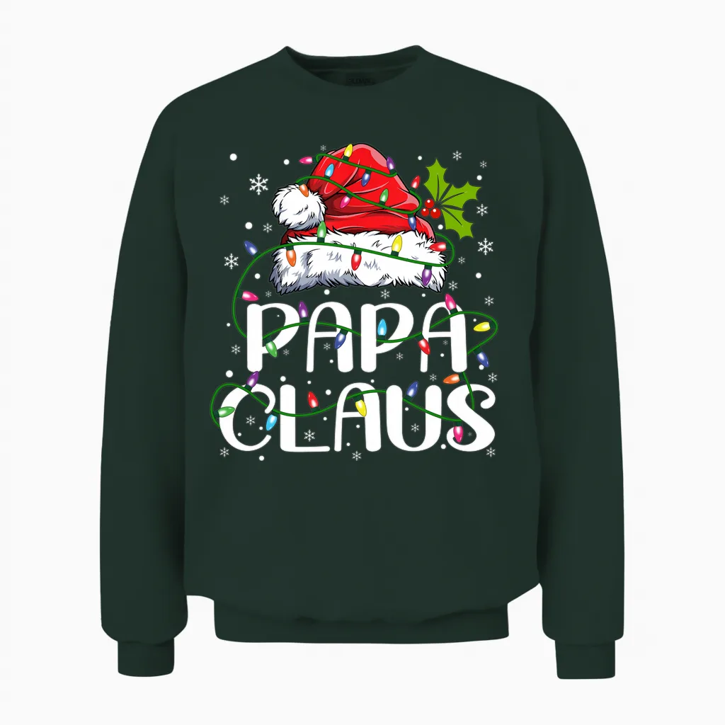 Papa Claus Christmas Lights Pajama Family Matching Unisex Sweatshirt in Forest
