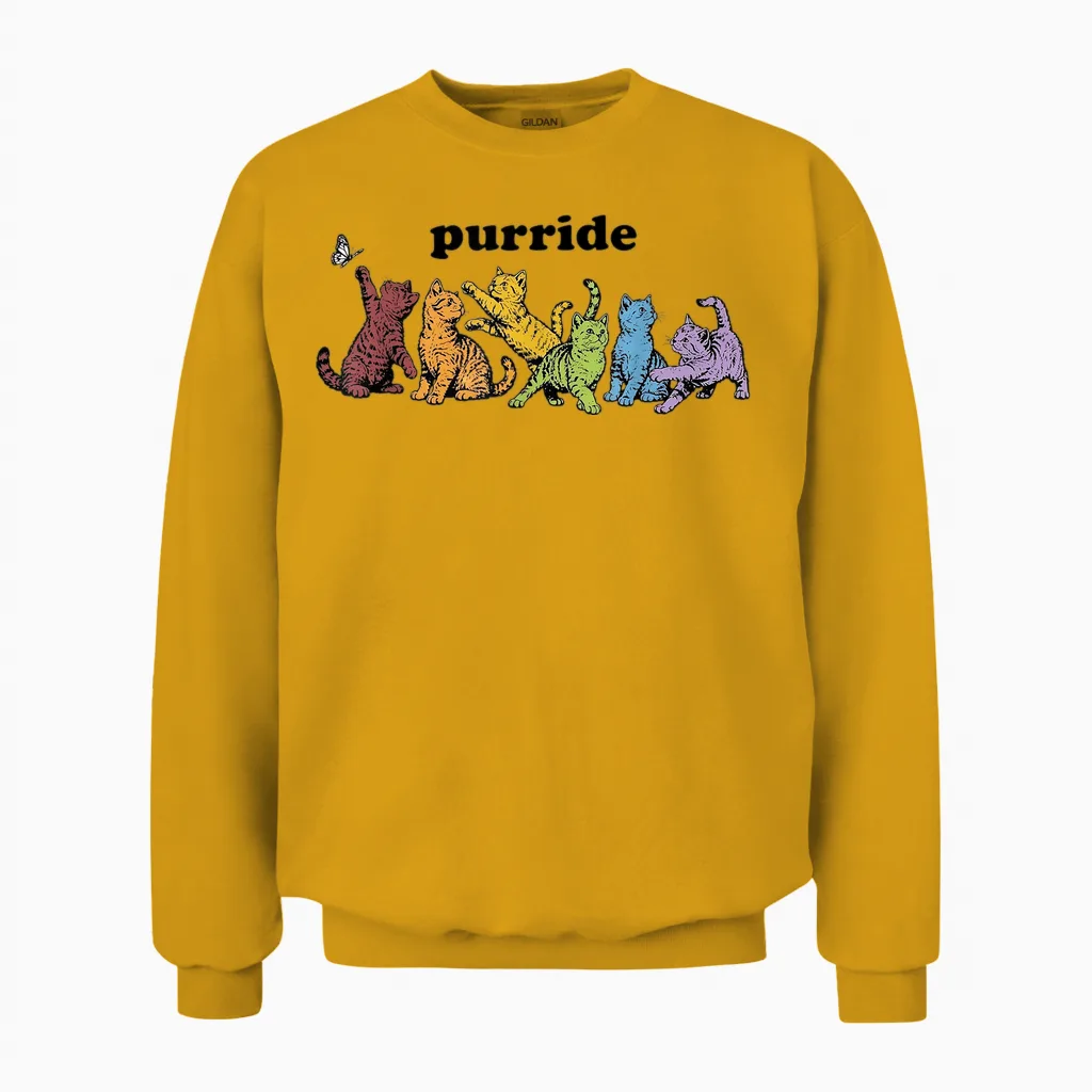 Purride Rainbow Cats Lgbtq Pride Colorful Kittens Butterfly Unisex Sweatshirt in Gold