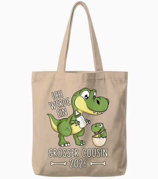 Children's Dinosaur Baby Dino I Will Be a Big Cousin 2026 T-Shirt, Black, S Tote Bags in Natural