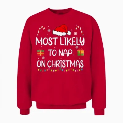 Most Likely to Nap on Christmas Family Funny Matching Unisex Sweatshirt - Red