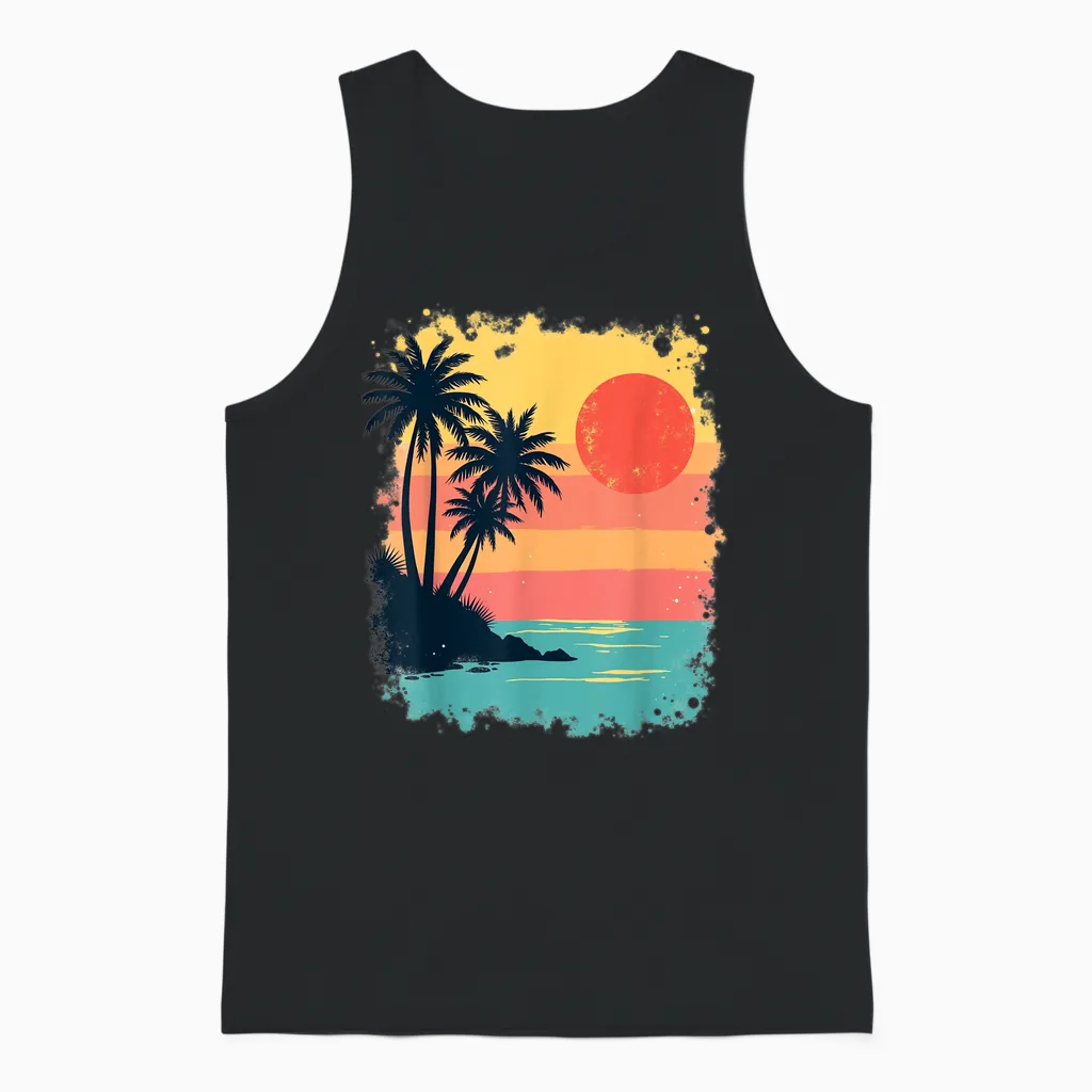Vintage Gift Beach Palmers Sunset Sea Summer Summer Unisex Tank Top in Black