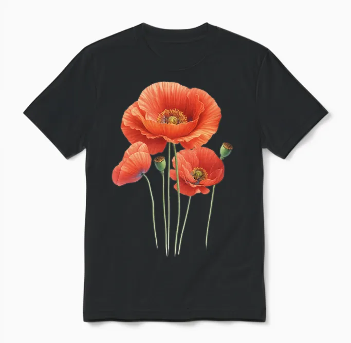 Poppy Flower Floral & Botanical Unisex T-Shirt in Black