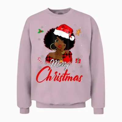 Black African Girl American Melanin Christmas Santa Hat Xmas Unisex Sweatshirt - Light Pink