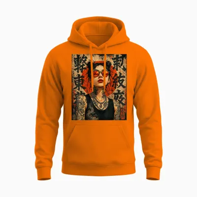 Anime Kawaii Japanese Samurai Geisha Tattoo K-Pop Y2k Manga Unisex Hoodie - Safety Orange