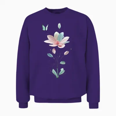 T-Shirt Unisexe Pour Homme Et Femme Avec Motif Fleur Et Papillon Manche Longue Unisex Sweatshirt - Purple