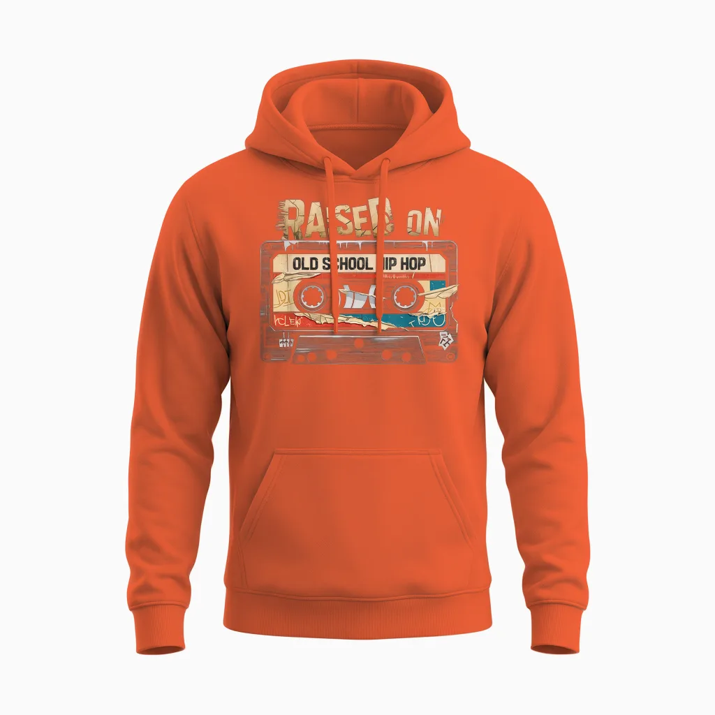 Raised on Old School Hip Hop Tshirt Cassette Graffiti Rap Unisex Hoodie in Orange