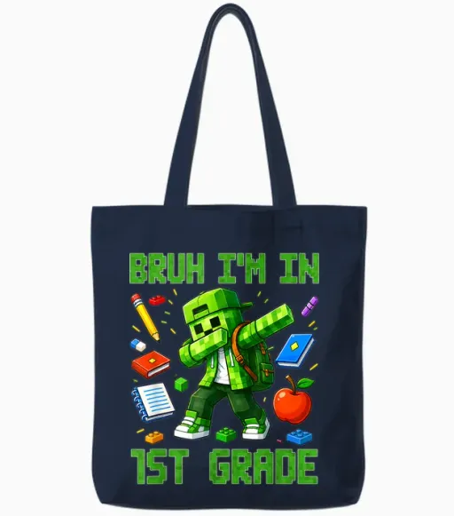 Bruh I'm in 1st Grade Dabbing Boys Kids Gamer Back to School Tote Bags in Navy