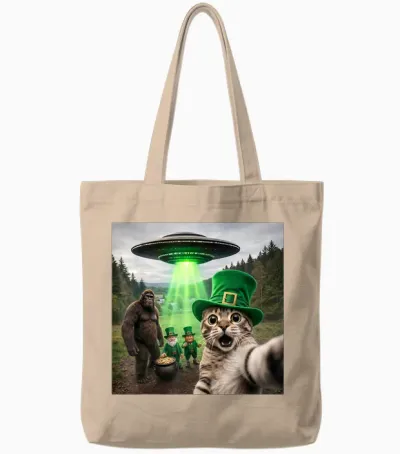 Funny St Patricks Day Cat Selfie with Leprechaun Bigfoot Ufo Tote Bags - Natural