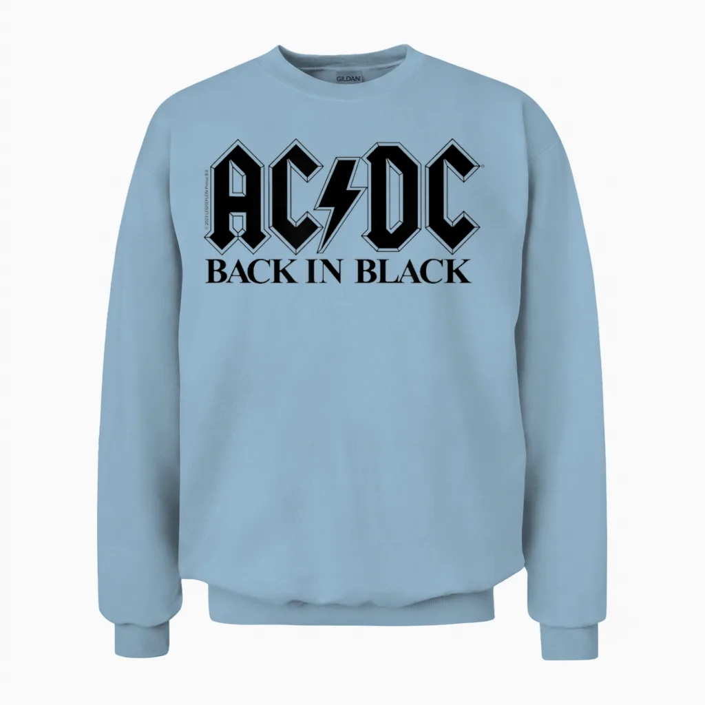 Ac/dc Rock Music Band Back in Black Logo T-Shirt, Gray Unisex Sweatshirt in Light Blue