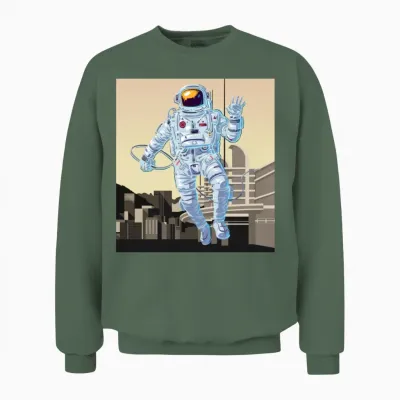 Astronaut in a Retro Moon Design Unisex Sweatshirt - Military Green